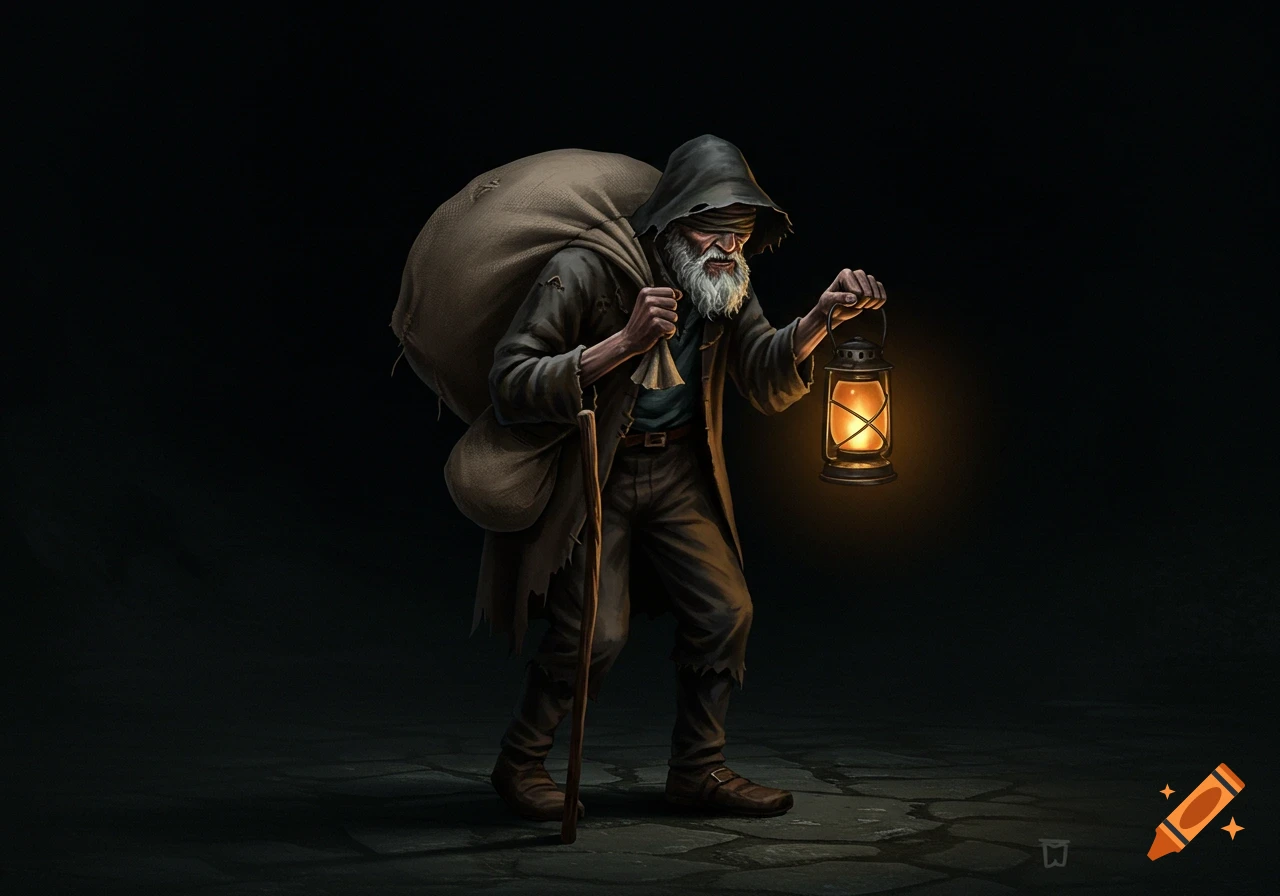 An old man with a sack and cane holds a lit lantern in darkness.