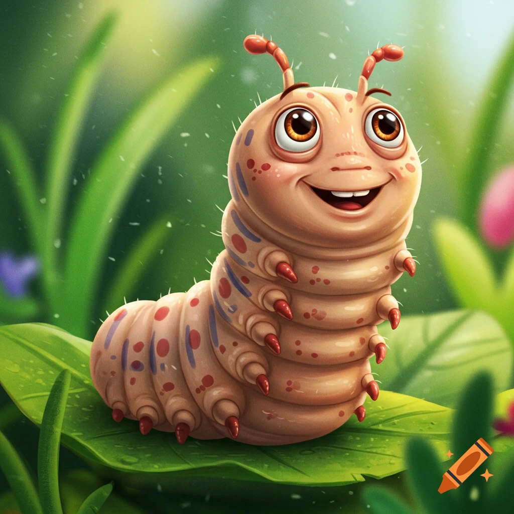 A smiling cartoon grub with big eyes sits on a green leaf.