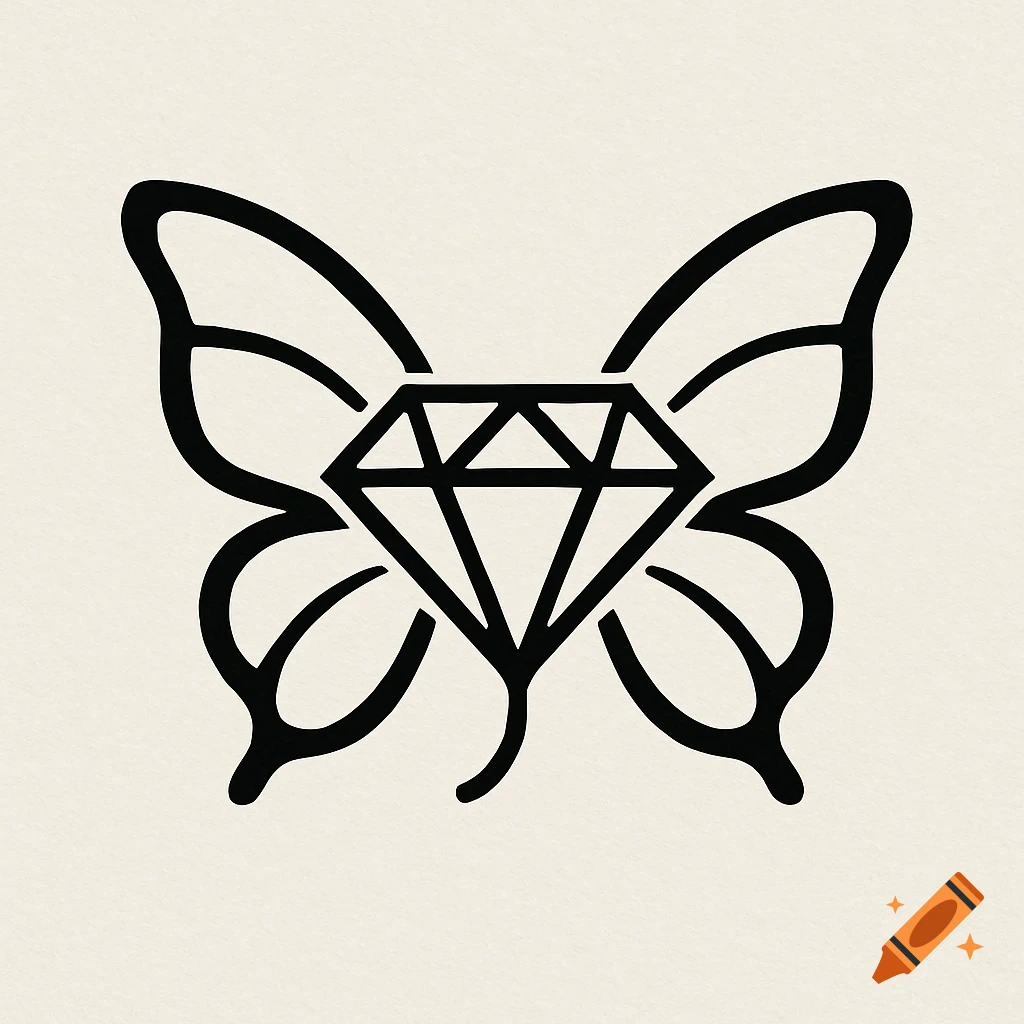 Black line illustration of a diamond with butterfly wings.