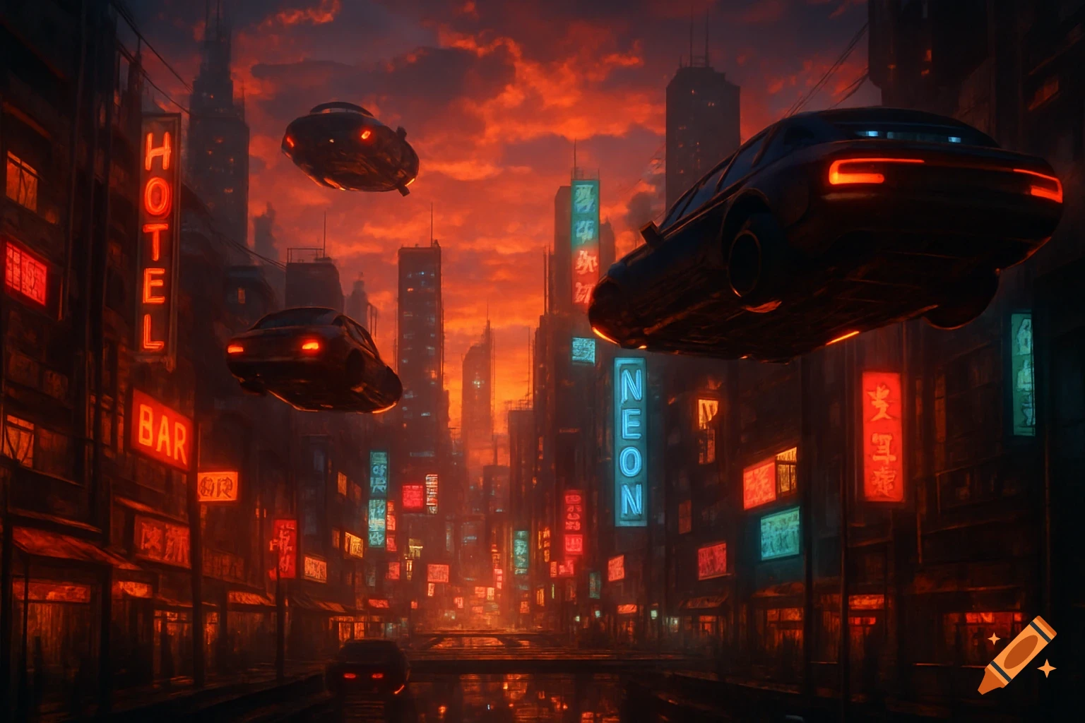 A cyberpunk city at sunset with flying cars and neon signs.