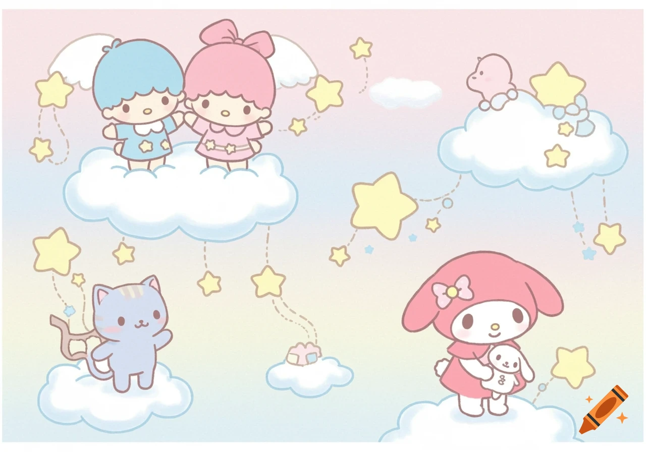 Sanrio characters Little Twin Stars, My Melody, and a cat on clouds with stars in a pastel cartoon style.