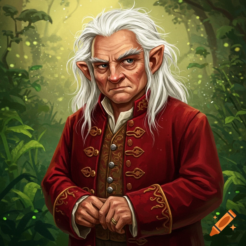 A character with pointed ears, white hair, red coat, and annoyed expression in a forest.