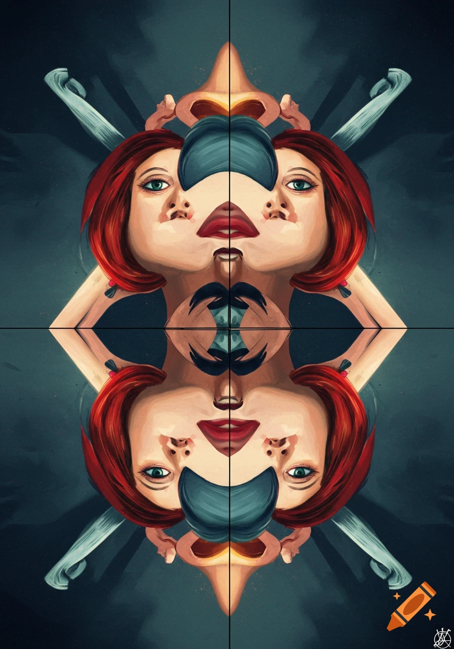 Symmetrical image creating an abstract pattern from mirrored faces and distorted body parts.