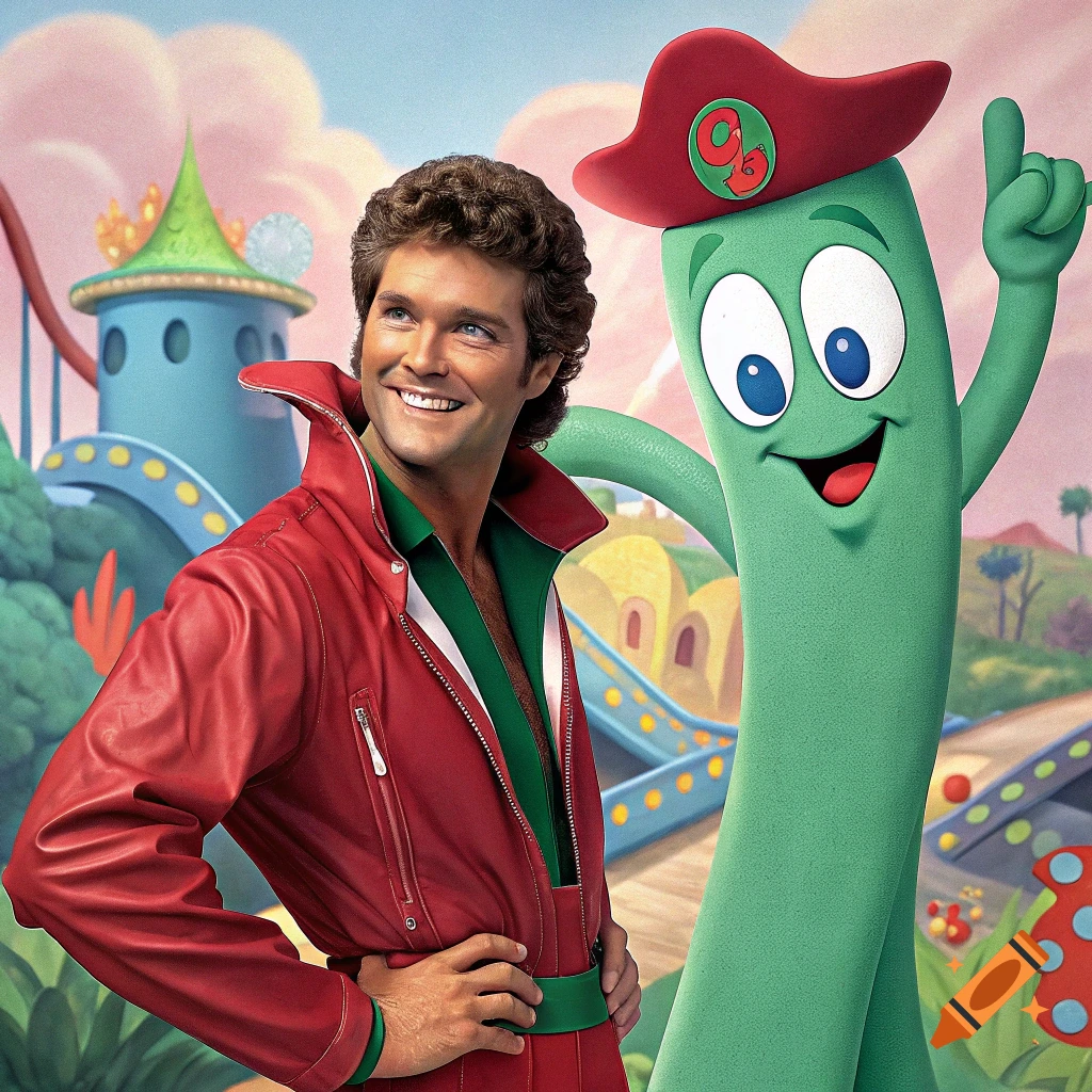 David Hasselhoff in a red jacket stands with Gumby in a colorful, stylized landscape.