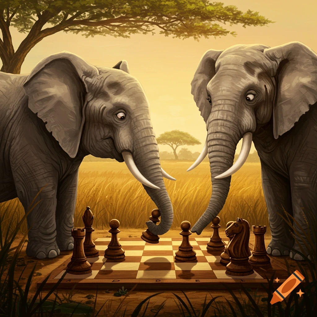 Two elephants playing chess on a board in a savanna.