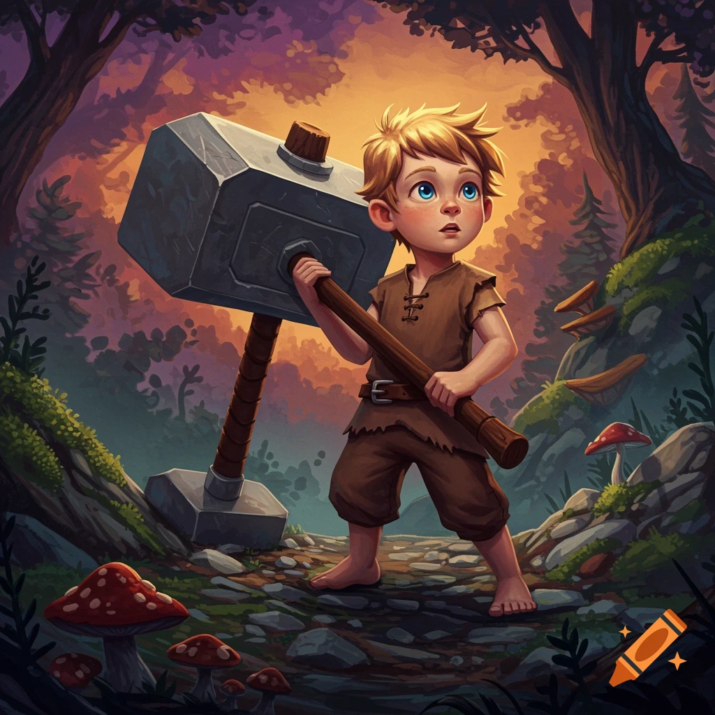 Young boy holding a giant hammer in a vibrant fantasy forest.