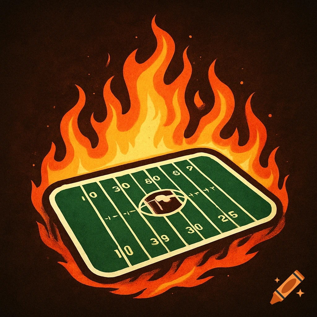 Stylized illustration of an American football field engulfed in flames.