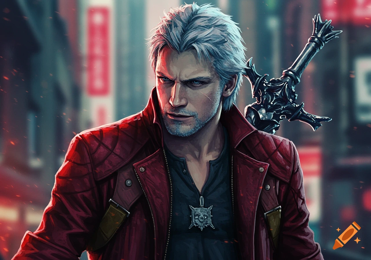 A white-haired man in a red coat carries a large sword on his back in a city.