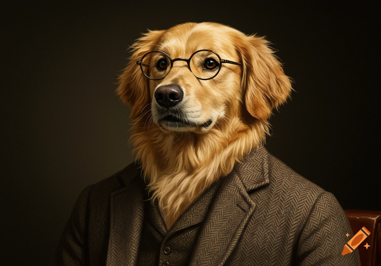 A Golden Retriever wearing glasses and a suit