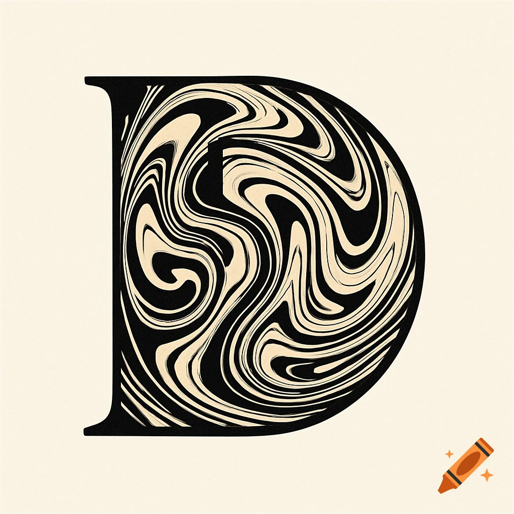 Black letter D filled with a black and beige swirling marble pattern.