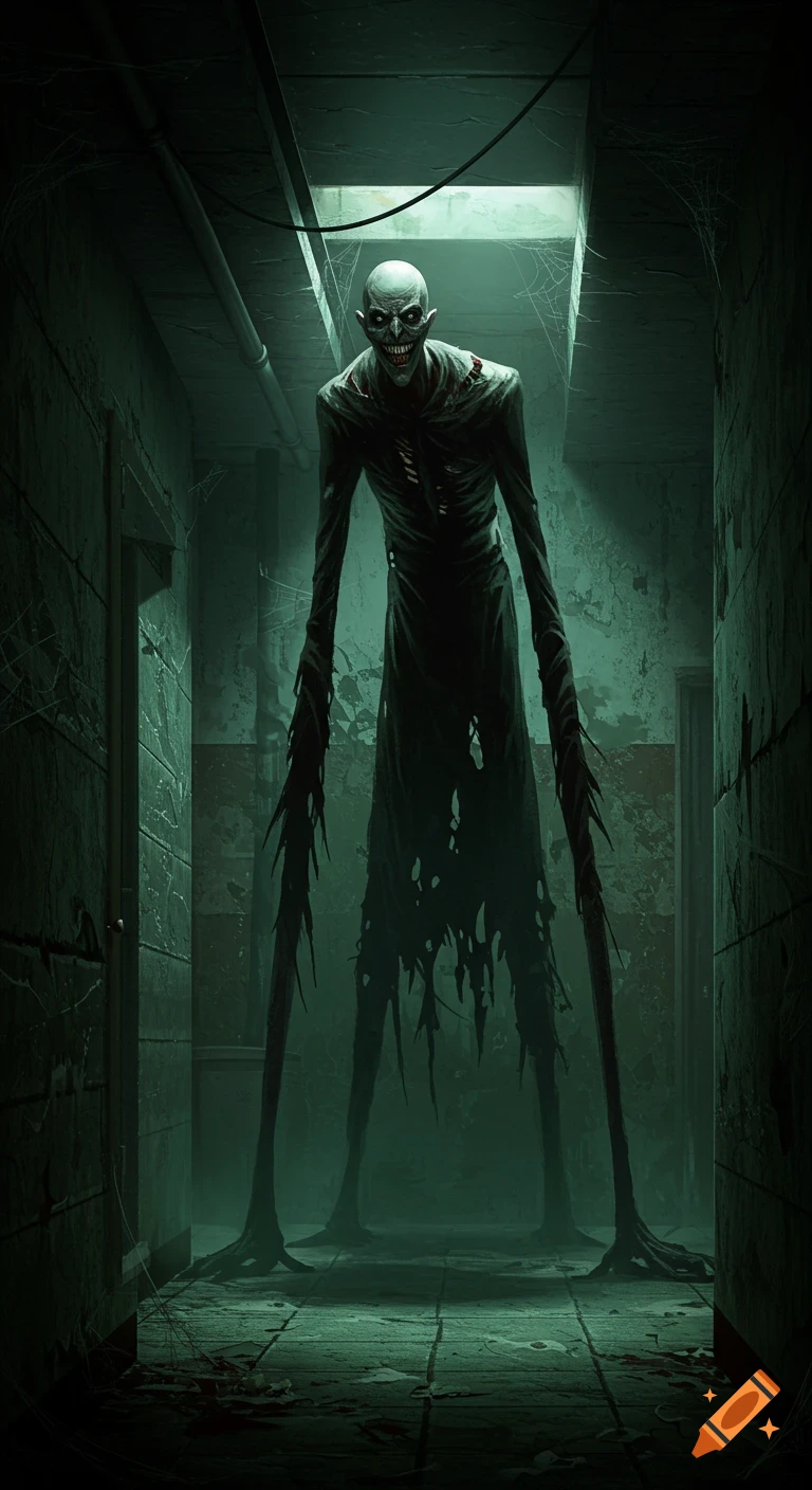 A tall, skinny monster with long limbs and a grinning face stands in a dark, derelict hallway.