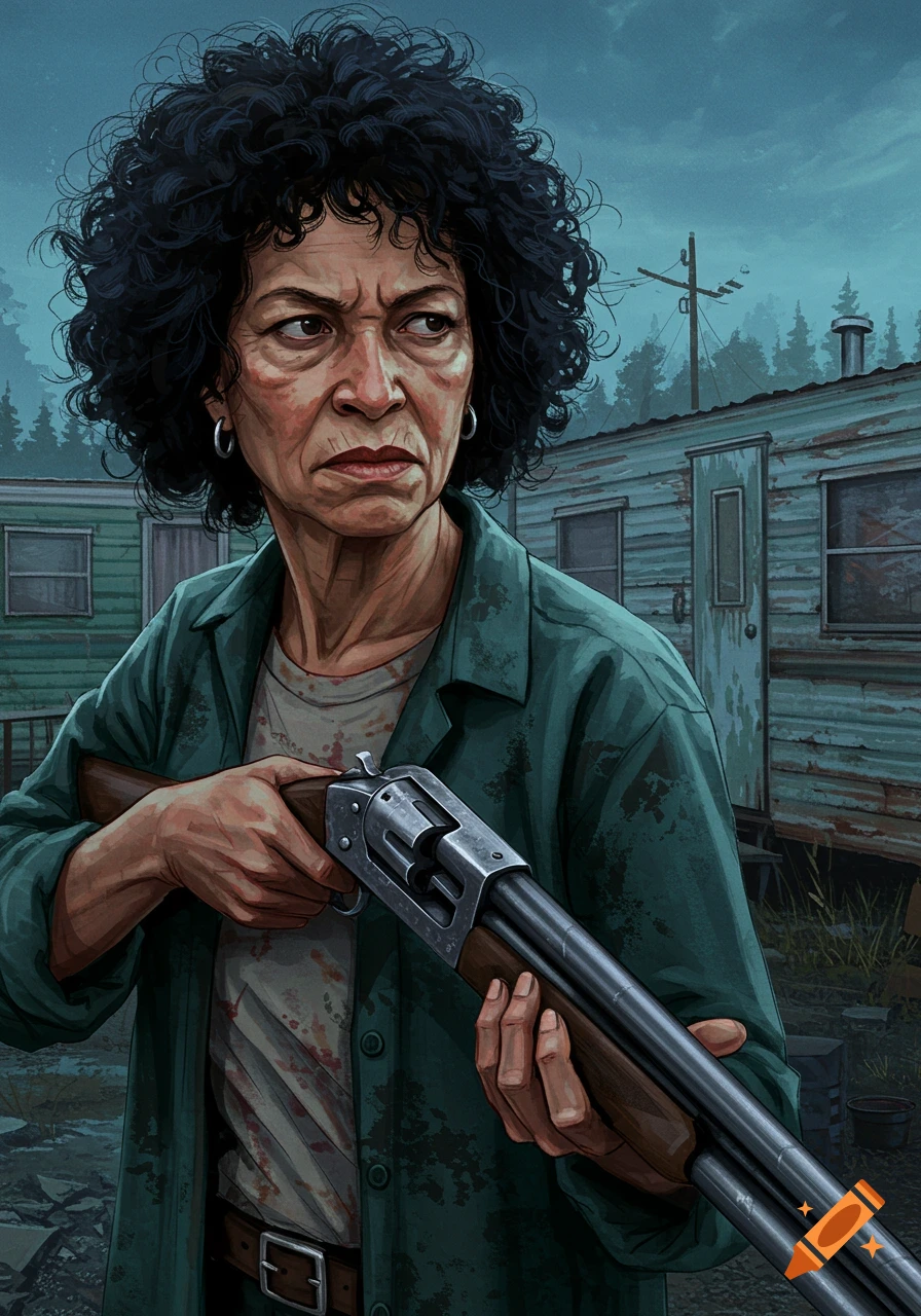An older woman with curly hair holds a shotgun in a trailer park.