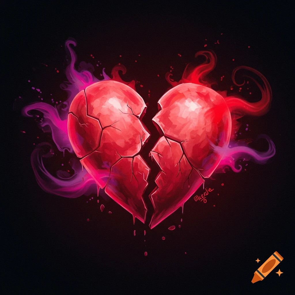 A broken red heart dripping, surrounded by pink and red smoke on a black background.