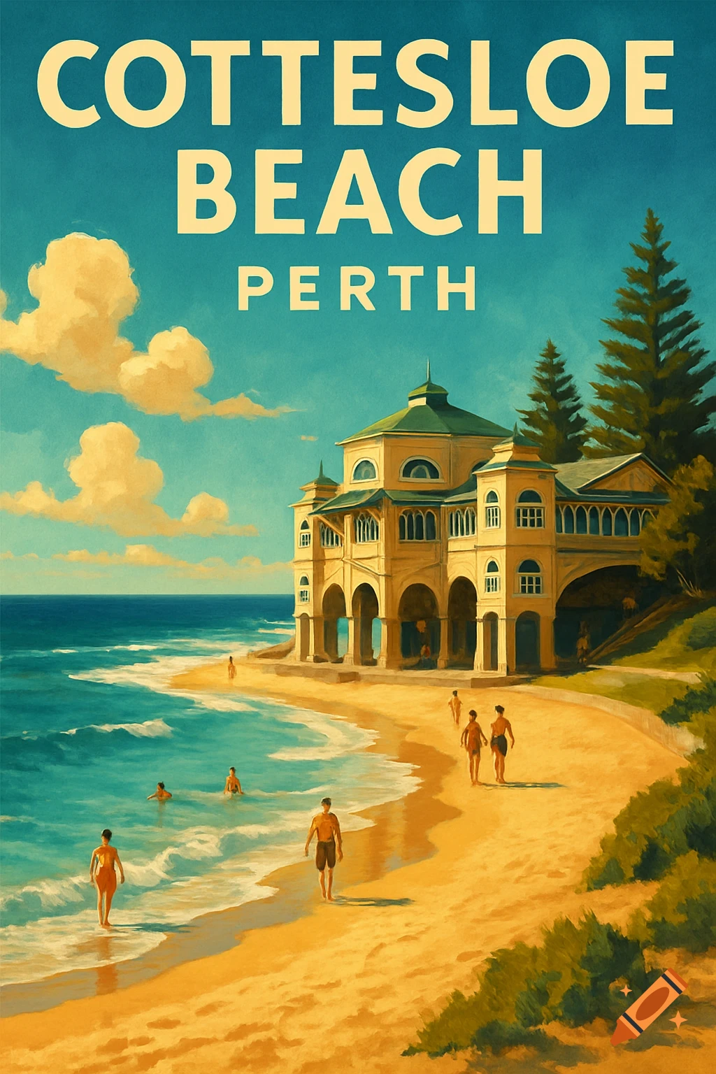 Retro travel poster for Cottesloe Beach, Perth showing a beach scene with a large building and people.