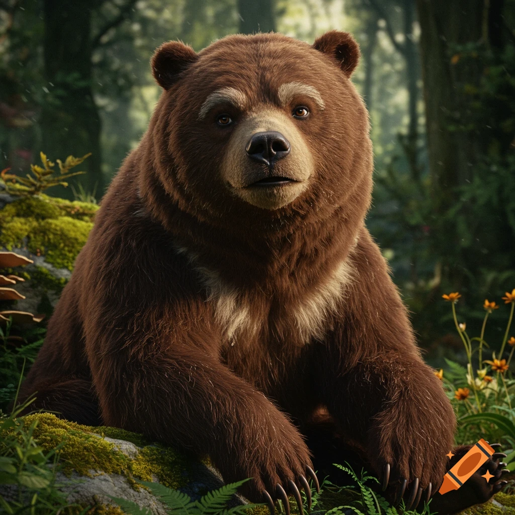 A brown bear sits in a forest.