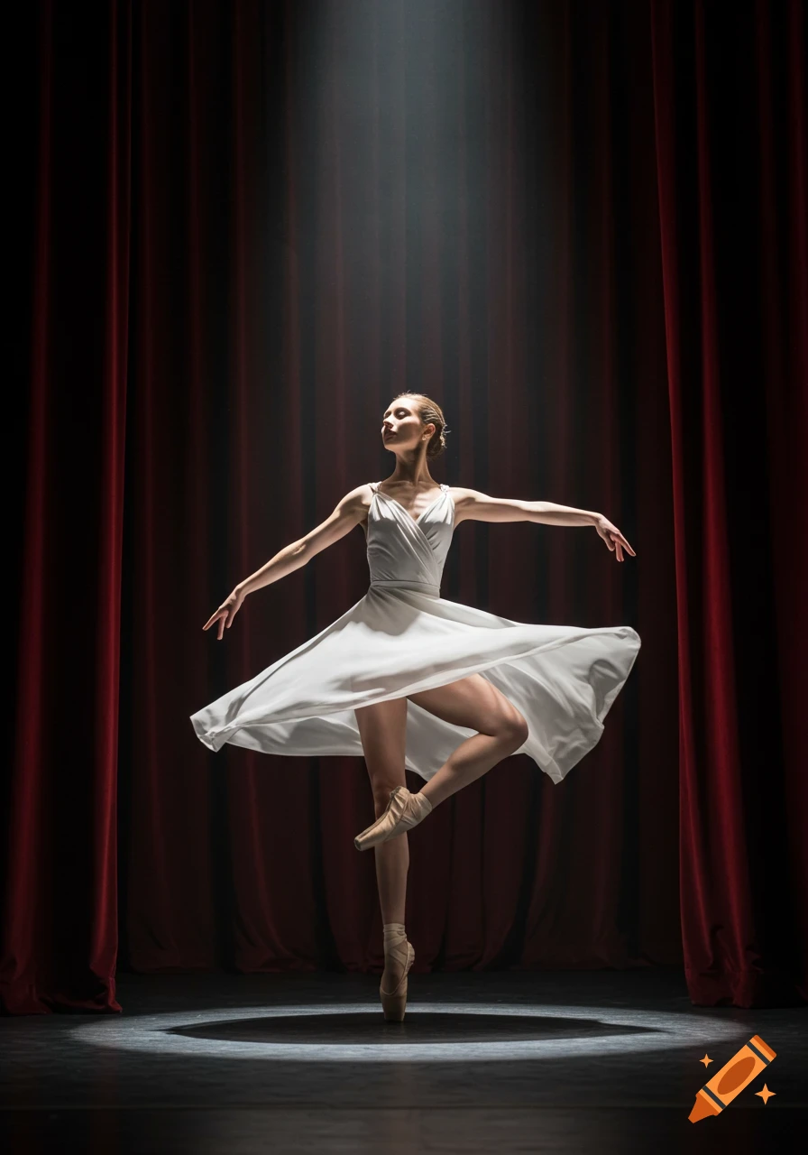 A ballerina dances on stage in a spotlight, with red curtains behind her.