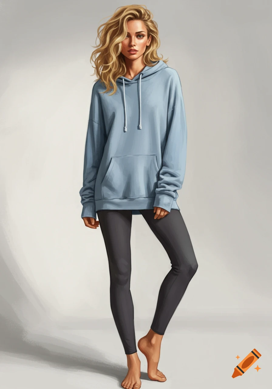 A woman is wearing a blue hoodie and dark leggings, standing barefoot.