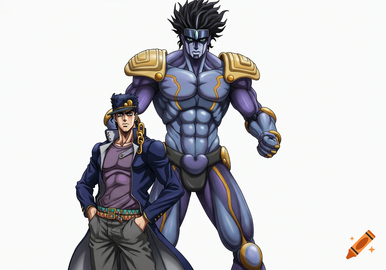 Jotaro Kujo stands beside his Stand, Star Platinum, in an anime style.