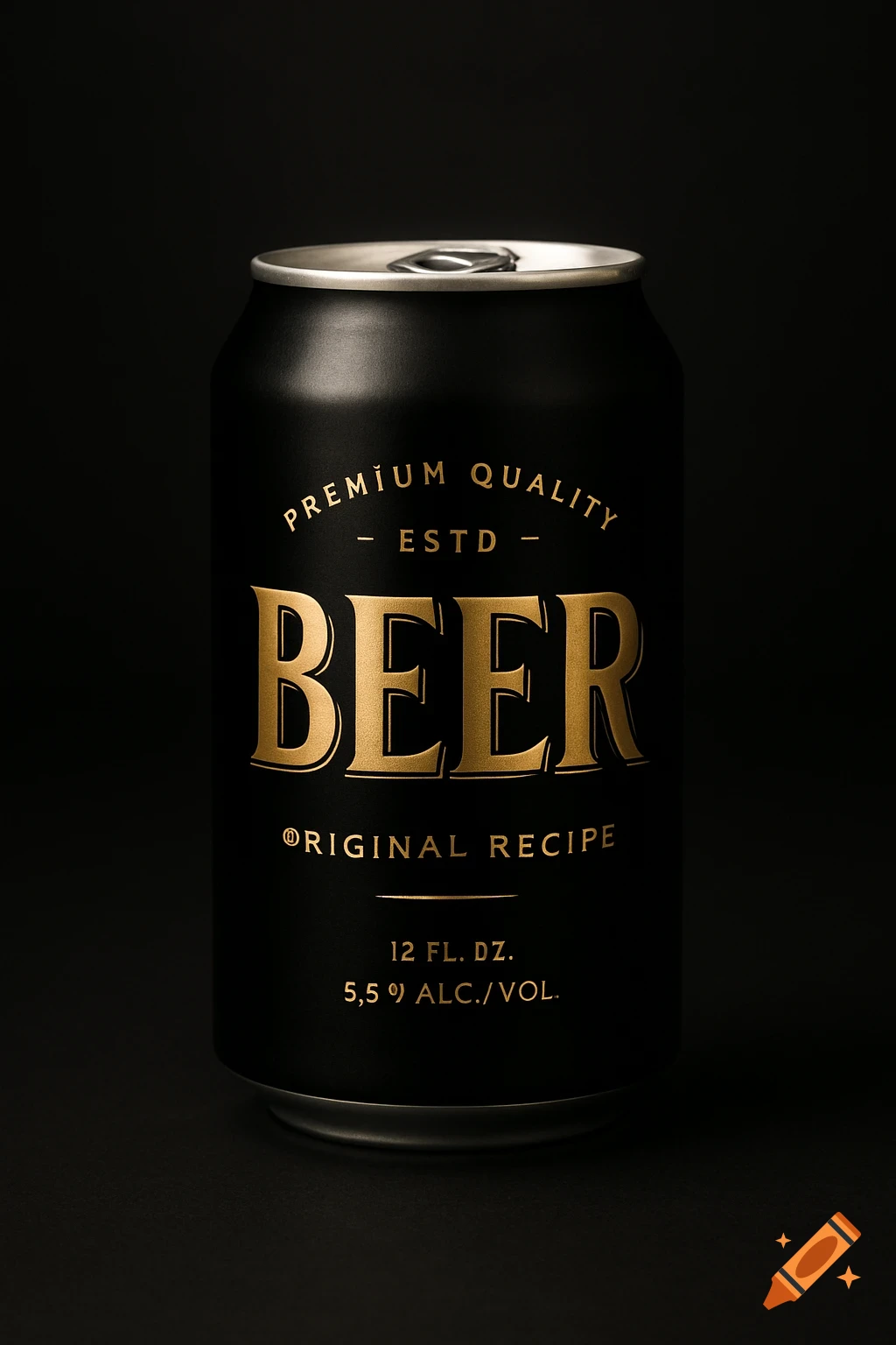 A professional photograph of a black beer can with gold text.