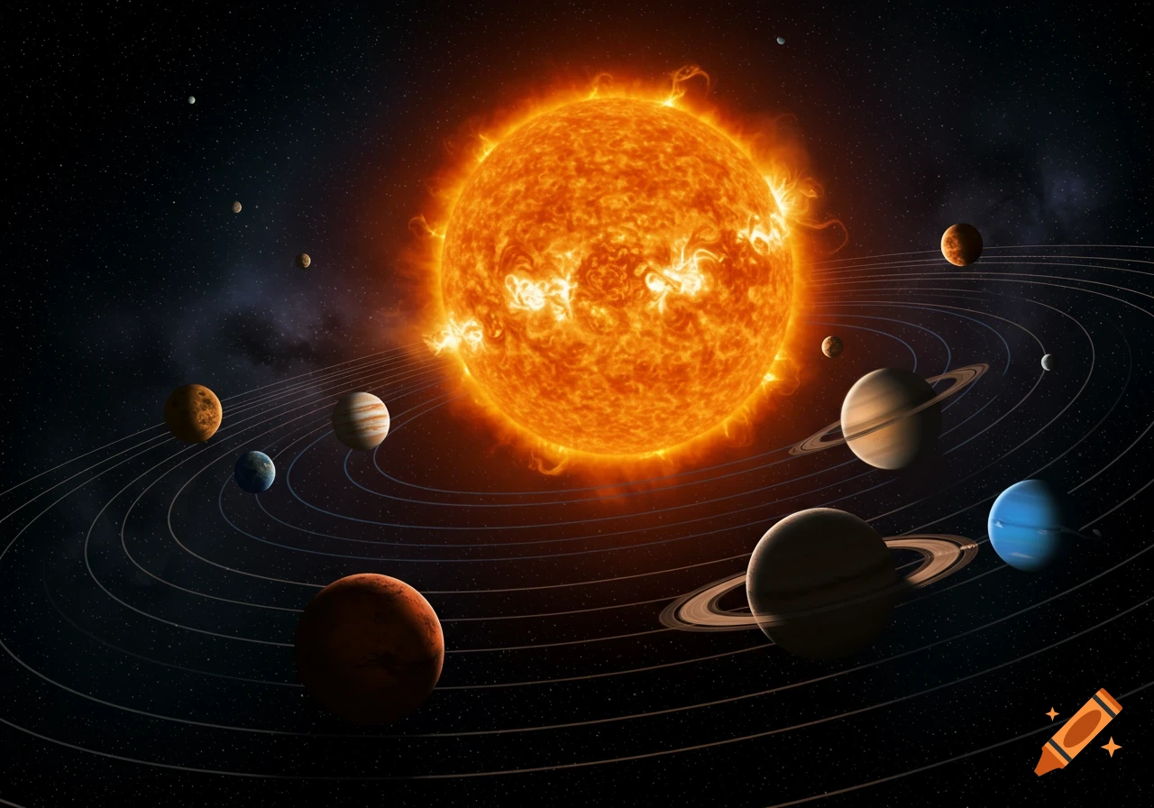 The sun and planets are in orbit in space.