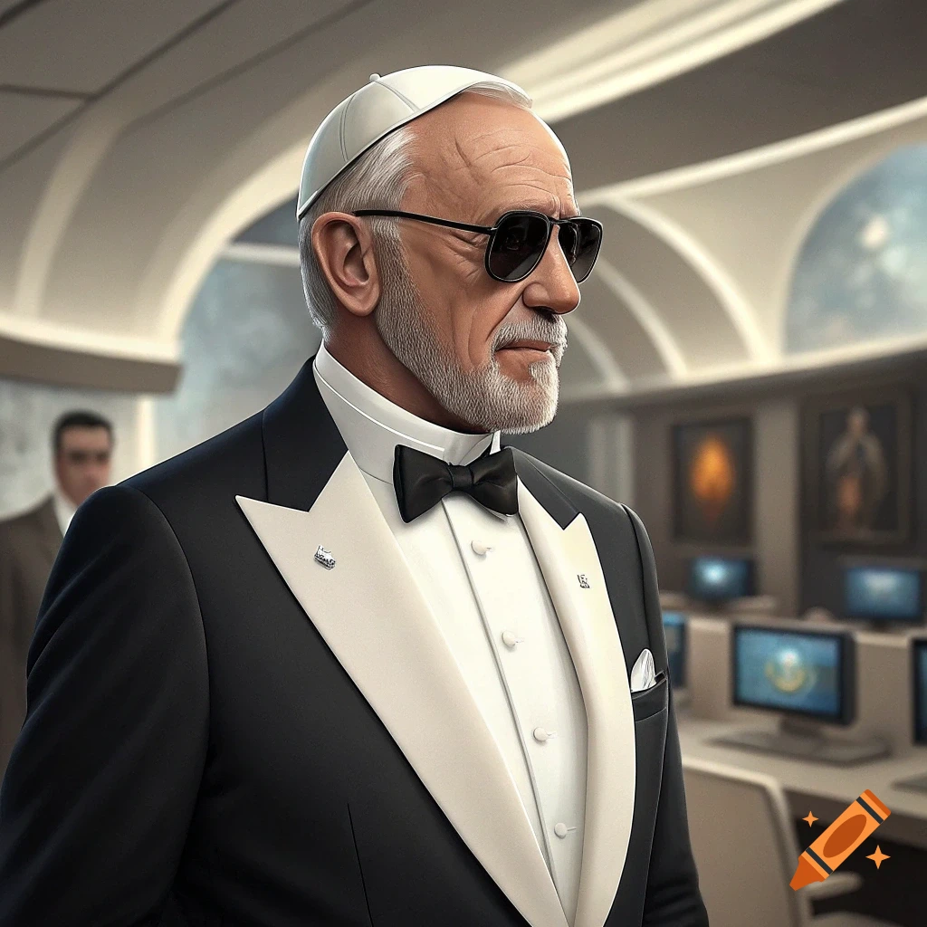 Older man in tuxedo, sunglasses, and white cap in a room with screens.