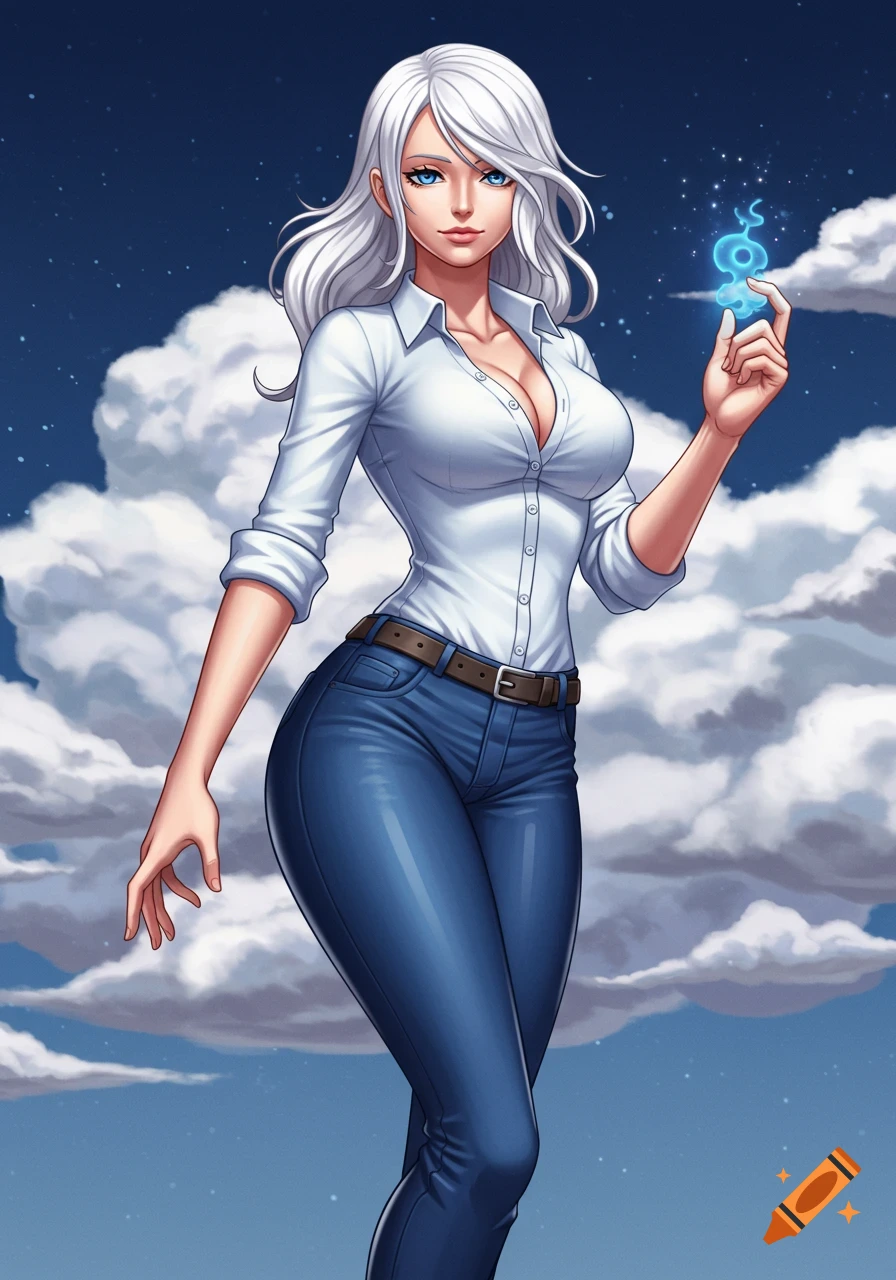 Anime illustration of a white-haired woman in a white shirt and jeans holding a glowing blue object, against a cloudy sky.