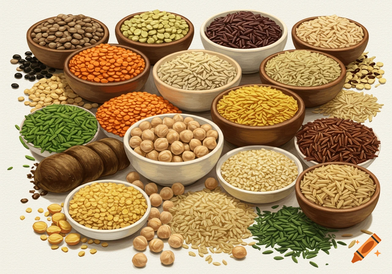 Bowls and piles of various grains and pulses like lentils, rice, and chickpeas.
