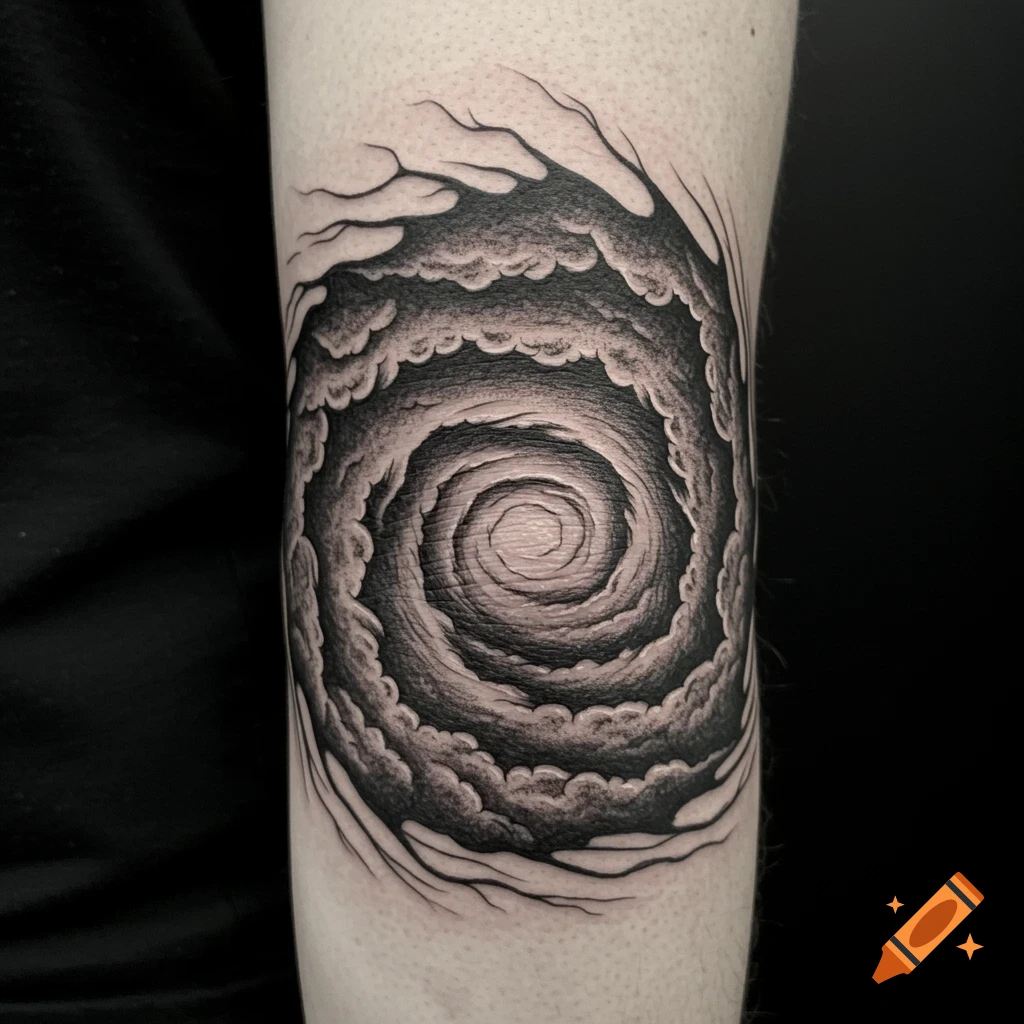 Black and white tattoo of a swirling cloud vortex on an arm.