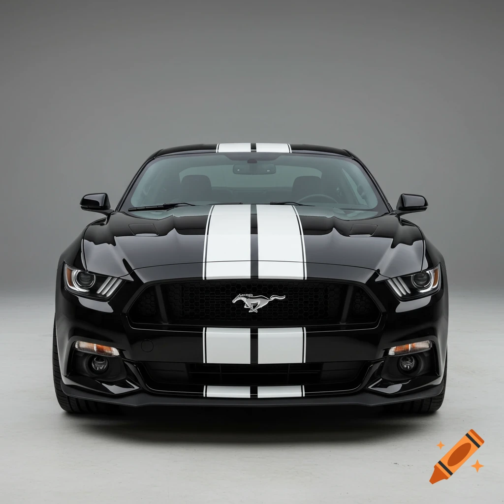 A black Ford Mustang with white racing stripes, front view
