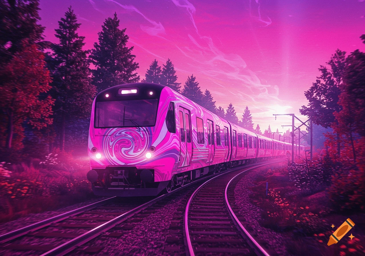 A pink and purple psychedelic train on tracks in a forest at sunset.