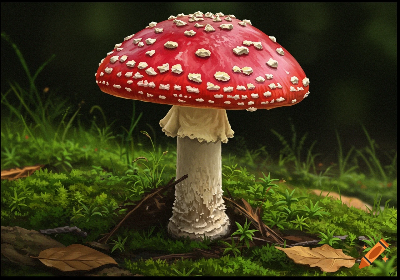 A close-up of a red and white mushroom on a mossy forest floor.