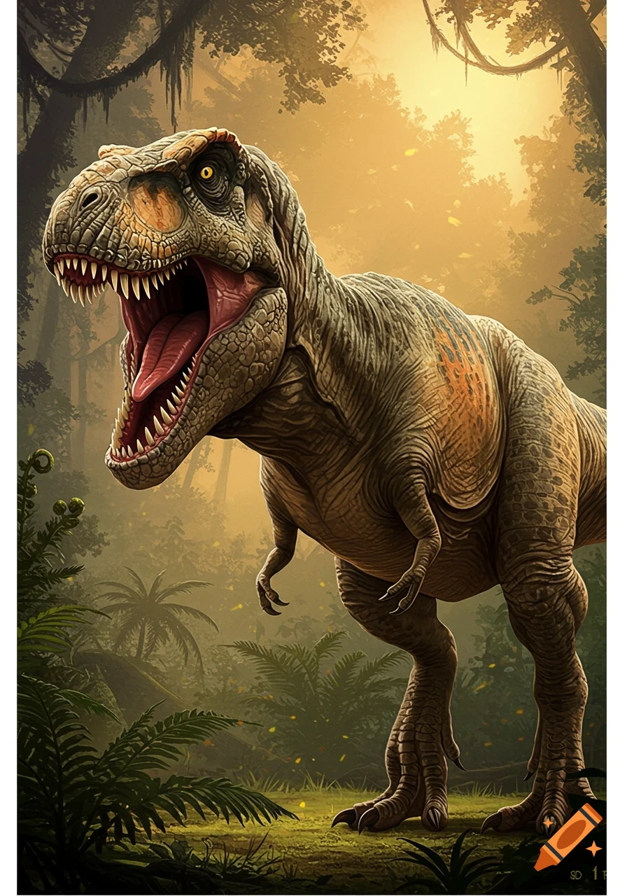 a roaring Tyrannosaurus Rex in a sunlit jungle