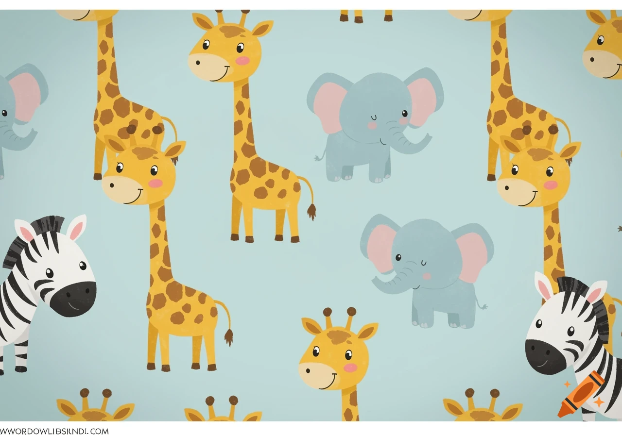 A pattern of cartoon giraffes, elephants, and zebras on a light blue background.