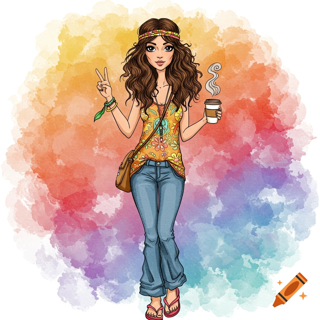 Cartoon illustration of a hippie girl holding a coffee and making a peace sign against a watercolor background.