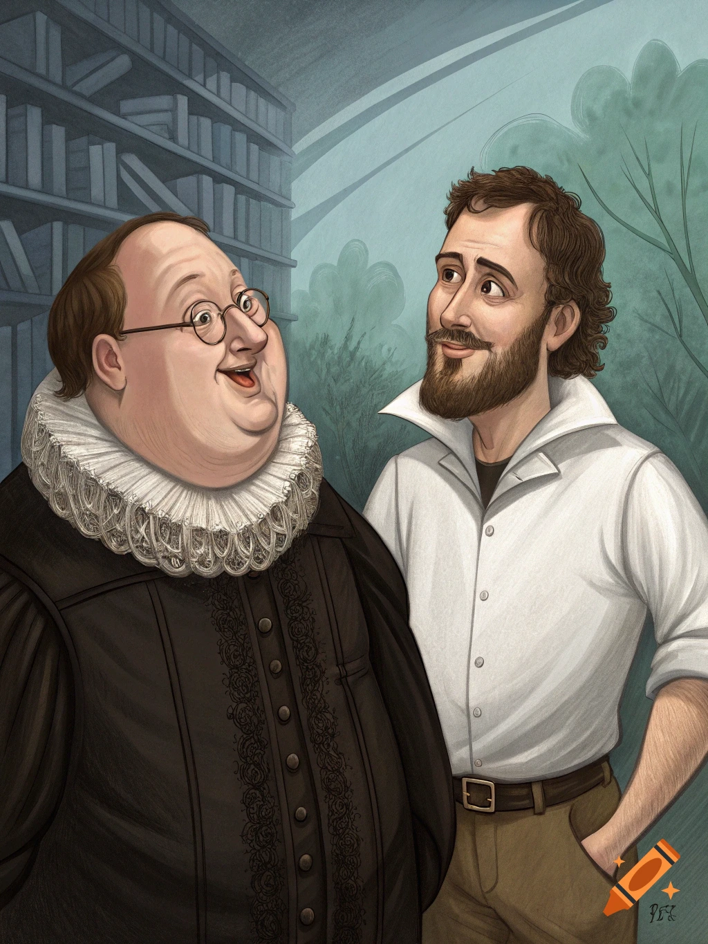 Illustration of a man in historical attire with a man resembling Peter Griffin in a library.