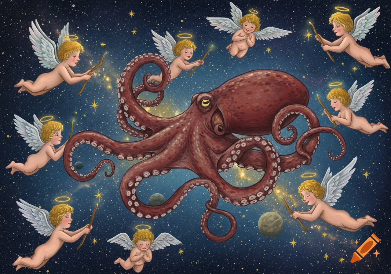 An octopus surrounded by flying angels in space with stars and planets.