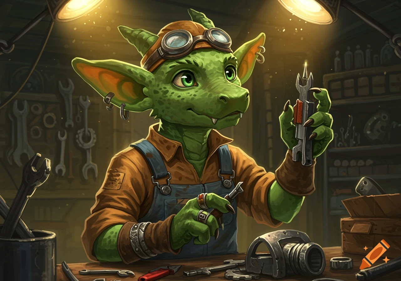 A green kobold mechanic is examining a tool in a cluttered workshop.