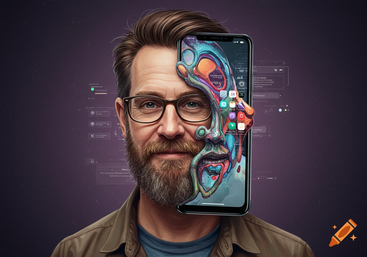 A man's face blends into a colorful, abstract representation on a smartphone screen.