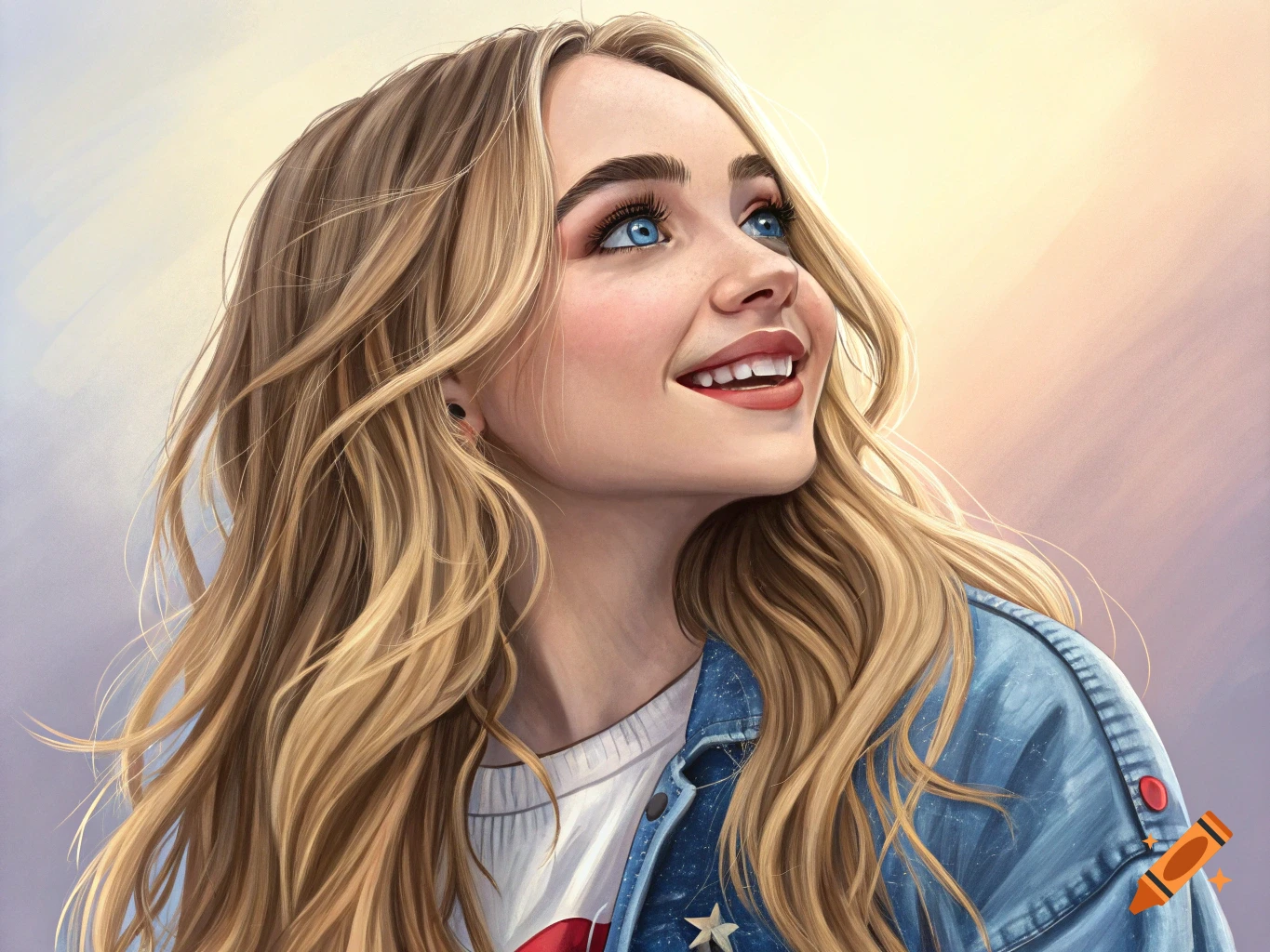 A young woman with blonde hair and blue eyes is smiling and looking up, wearing a denim jacket.