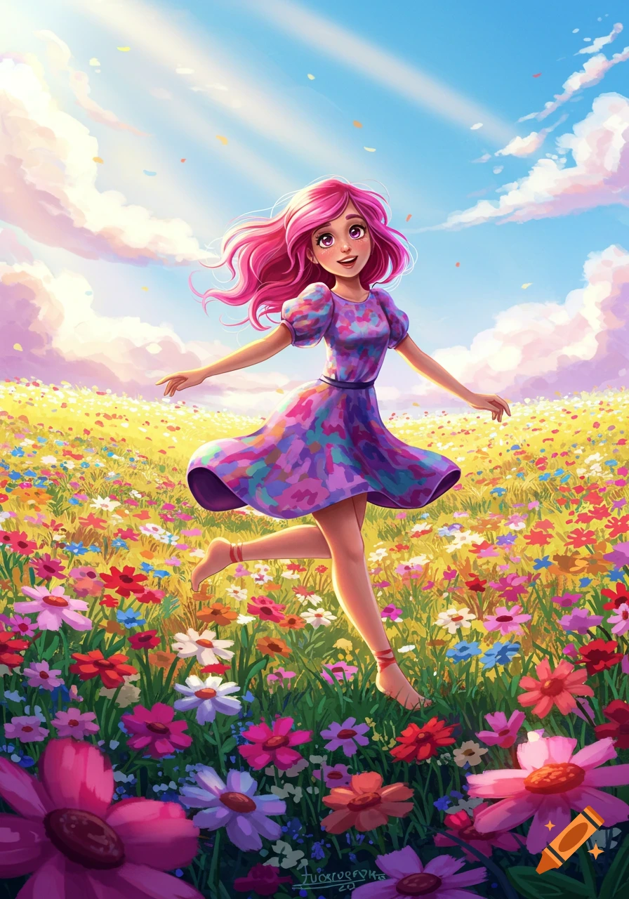A girl with pink hair runs through a field of colorful flowers under a bright sky.