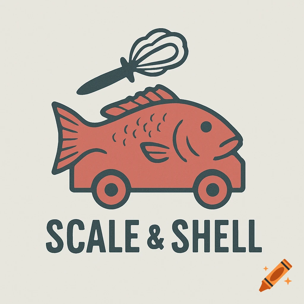 Minimalist graphic logo of a red fish on wheels with a whisk/oyster on top, and text 'SCALE & SHELL' below.