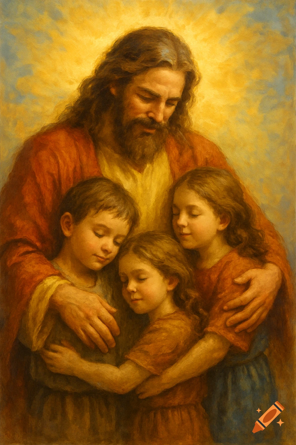 Jesus embracing three children.