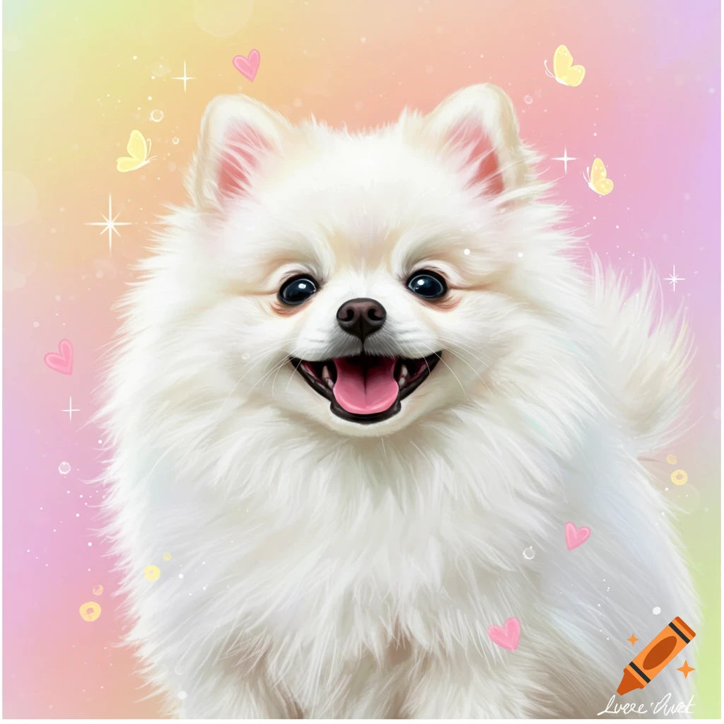 A happy white Pomeranian puppy with a pink tongue with a bright pastel background, hearts, and butterflies.