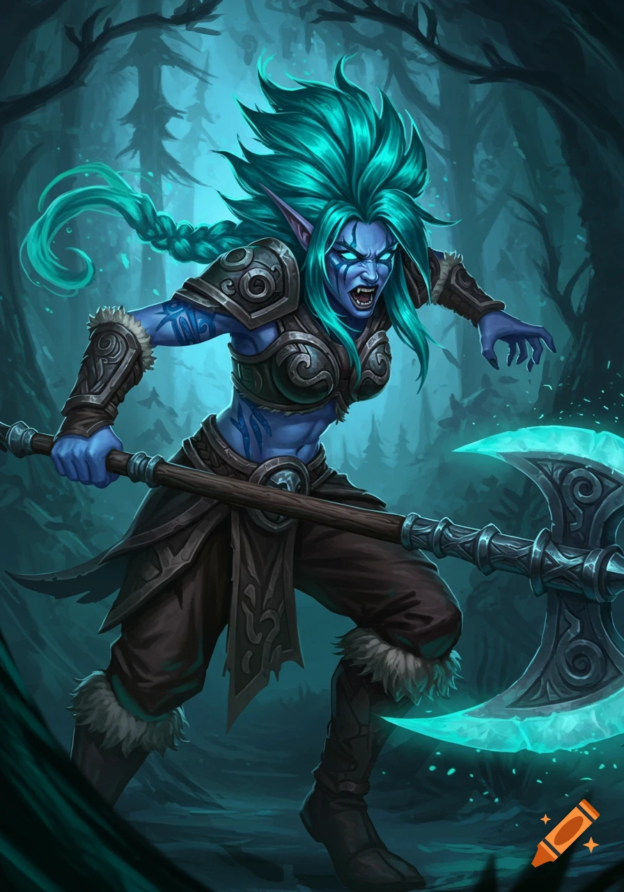 A blue-skinned fantasy character with teal hair holds an axe in a forest.