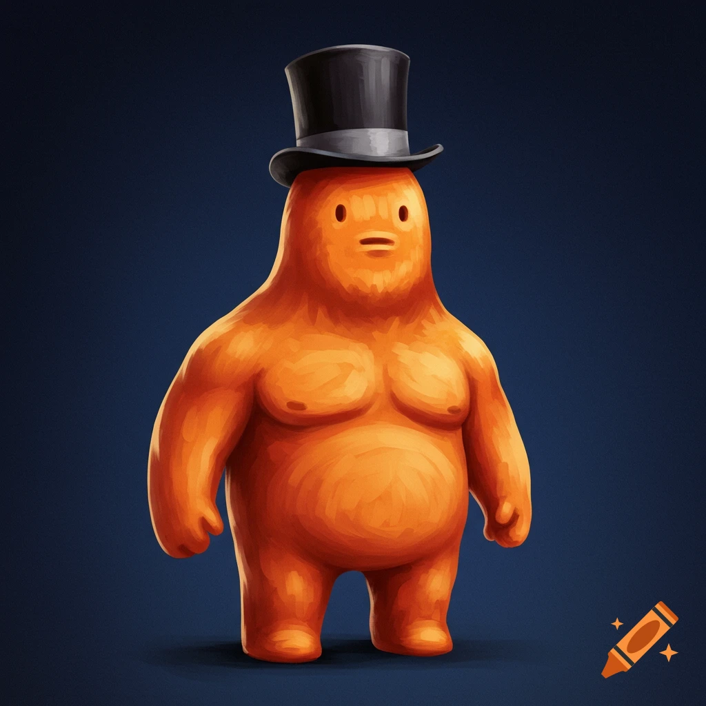 Orange blob creature with chest muscles and a top hat.