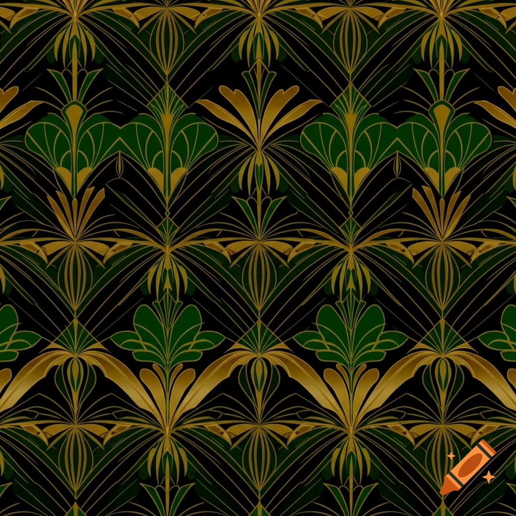 Repeating art deco pattern in green and gold on black.