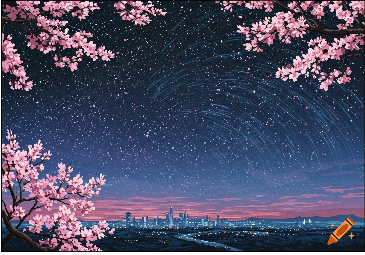 A twinkling city skyline at night under a starry sky with curving star trails, framed by pink cherry blossoms.