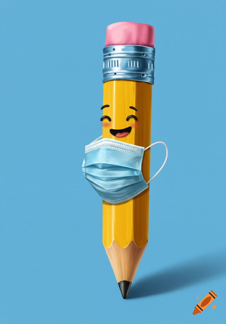 A cute cartoon pencil wearing a blue surgical mask against a blue background, digital illustration.