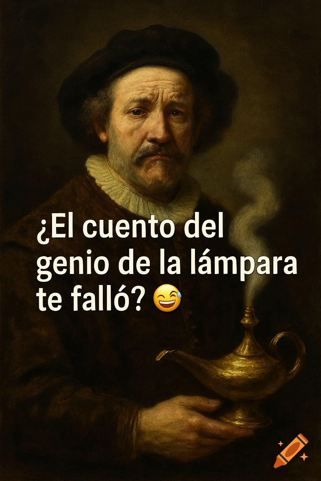 Baroque style portrait of a man holding a genie lamp with overlaid text.