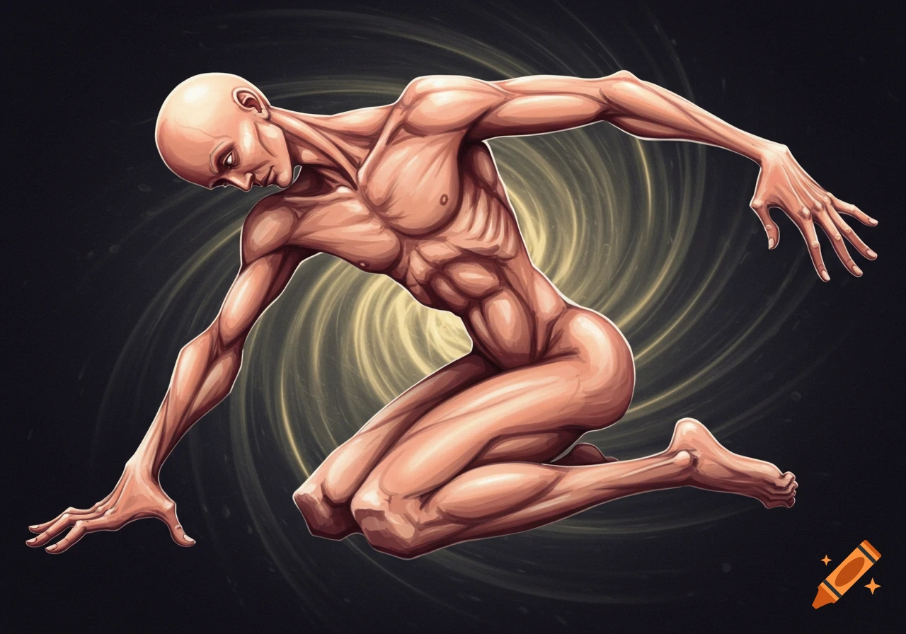 A nude muscular figure with distorted proportions is depicted in a dynamic pose against a swirling abstract background.